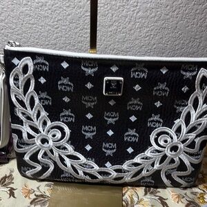 MCM Black and White Clutch with Ornate Embroidery Limited Edition
